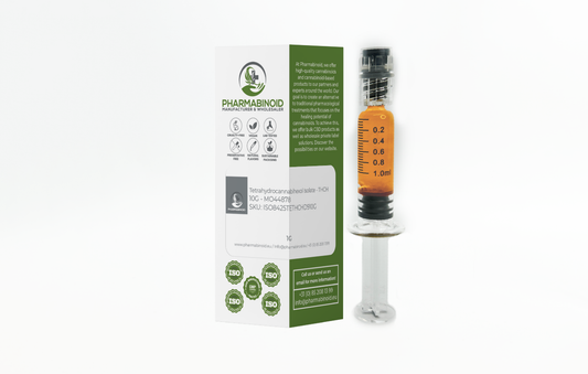 D9-THCH tetrahydrocannabihexol isolate by Pharmabinoid, close-up of the product container showing the label and packaging.