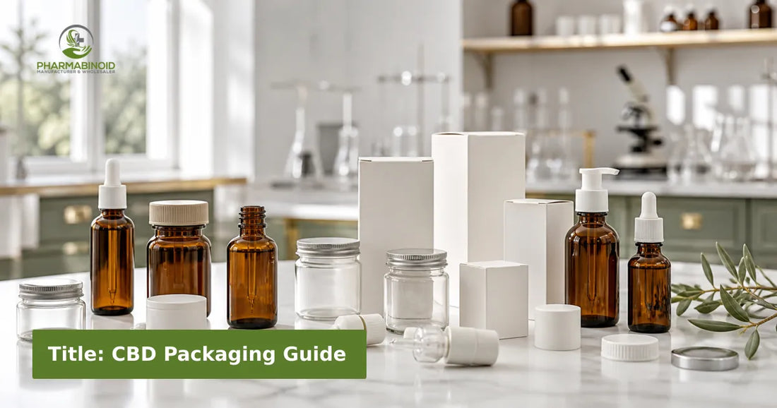 Amber bottles, clear jars and unlabelled packaging components in a bright laboratory setting