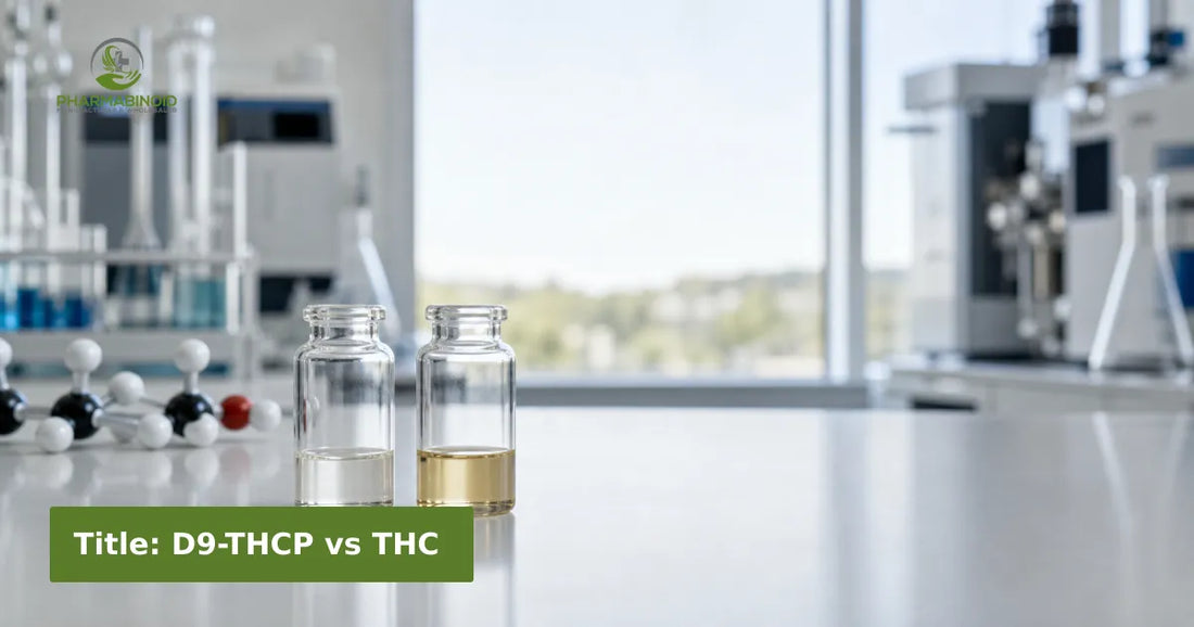 Two unlabeled cannabinoid sample vials and molecular models in an analytical laboratory for a D9-THCP versus THC evidence comparison