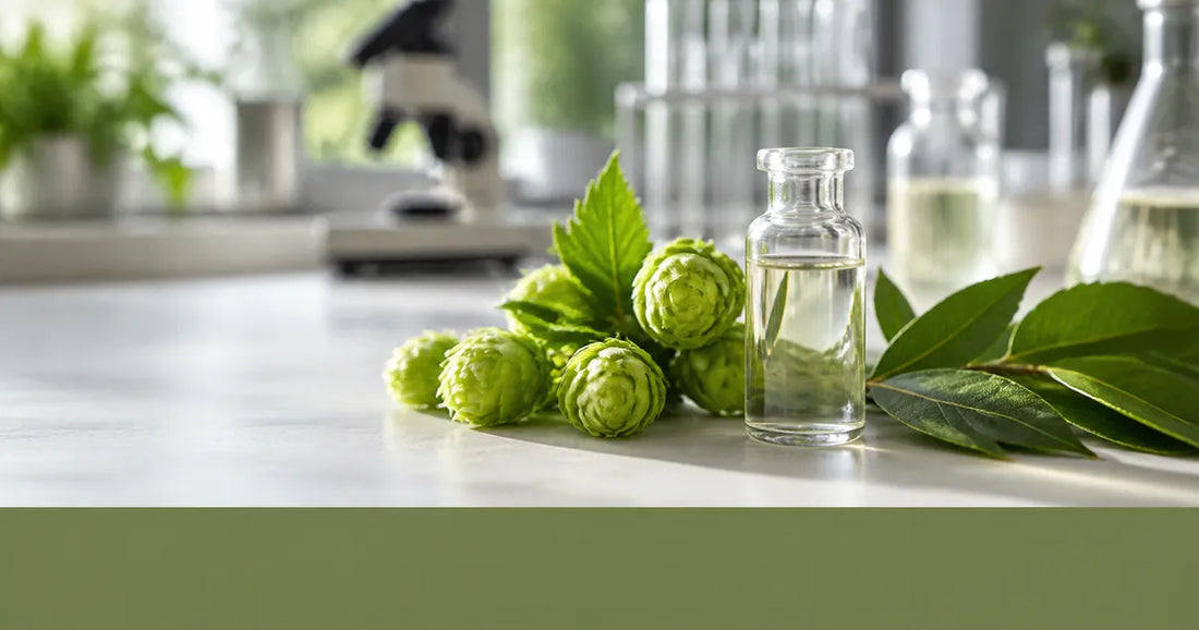 Myrcene safety research represented by a glass vial beside hops and bay leaves in a botanical laboratory
