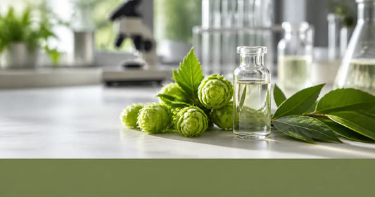 Myrcene safety research represented by a glass vial beside hops and bay leaves in a botanical laboratory