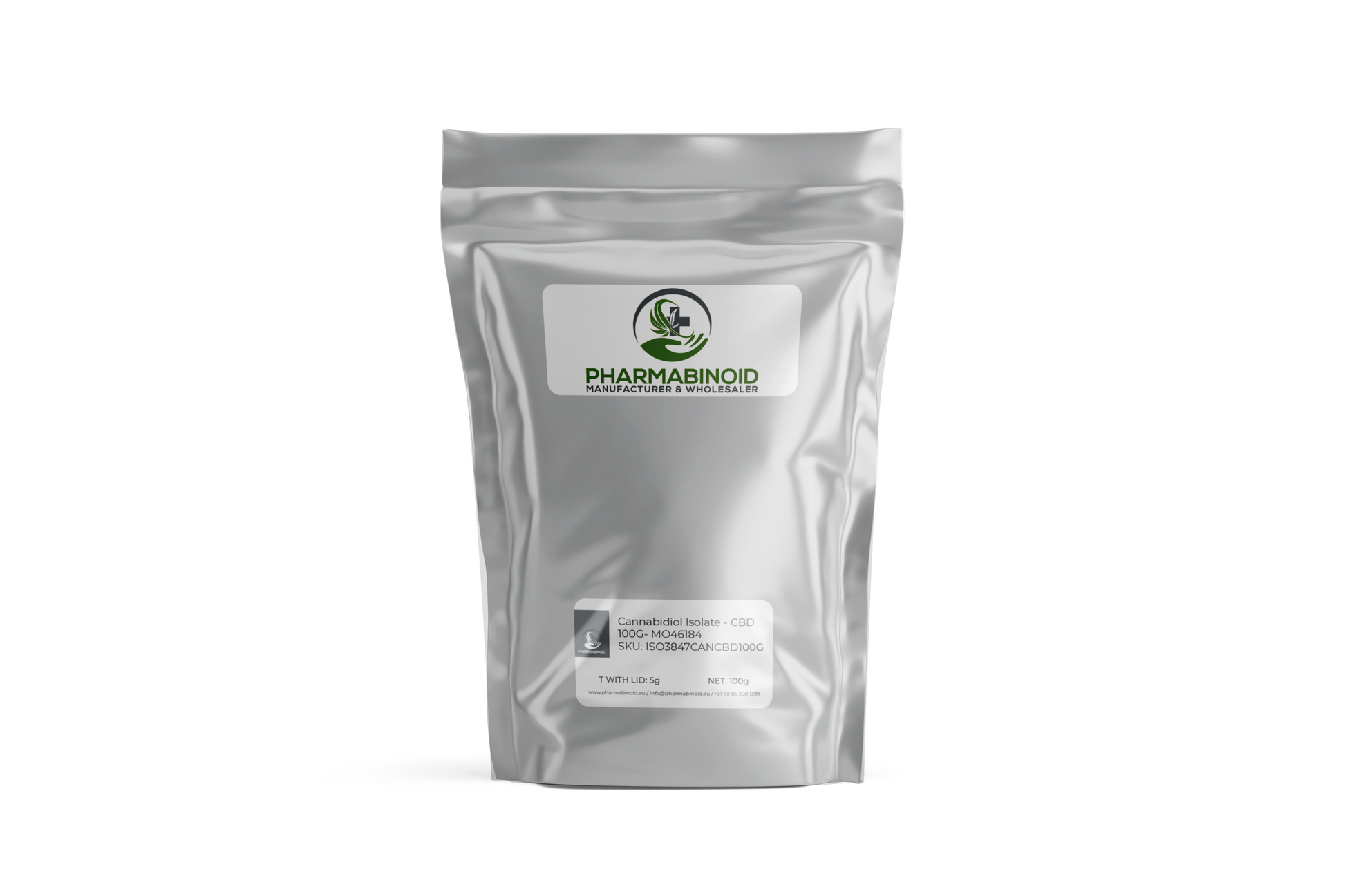 CBD izoliato milteliai iš Pharmabinoid, grynas kanabidiolis skaidriame inde, pažymėtas kaip 100 g pakuotė.