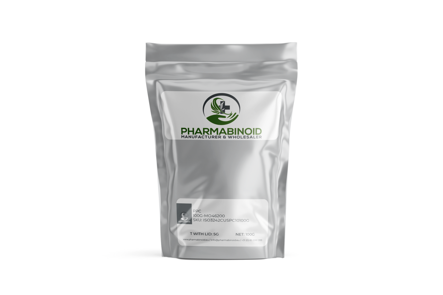 Svart Pharmabinoid PPC Isolate-flaska med etikett som visar produktdetaljer och varumärke, storlek 250 ml.