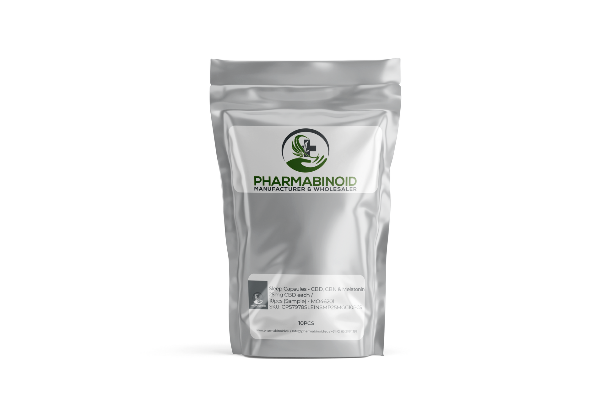 Капсулы для сна Pharmabinoid с CBD, CBN и мелатонином в прозрачной пластиковой бутылке с капсулами внутри.