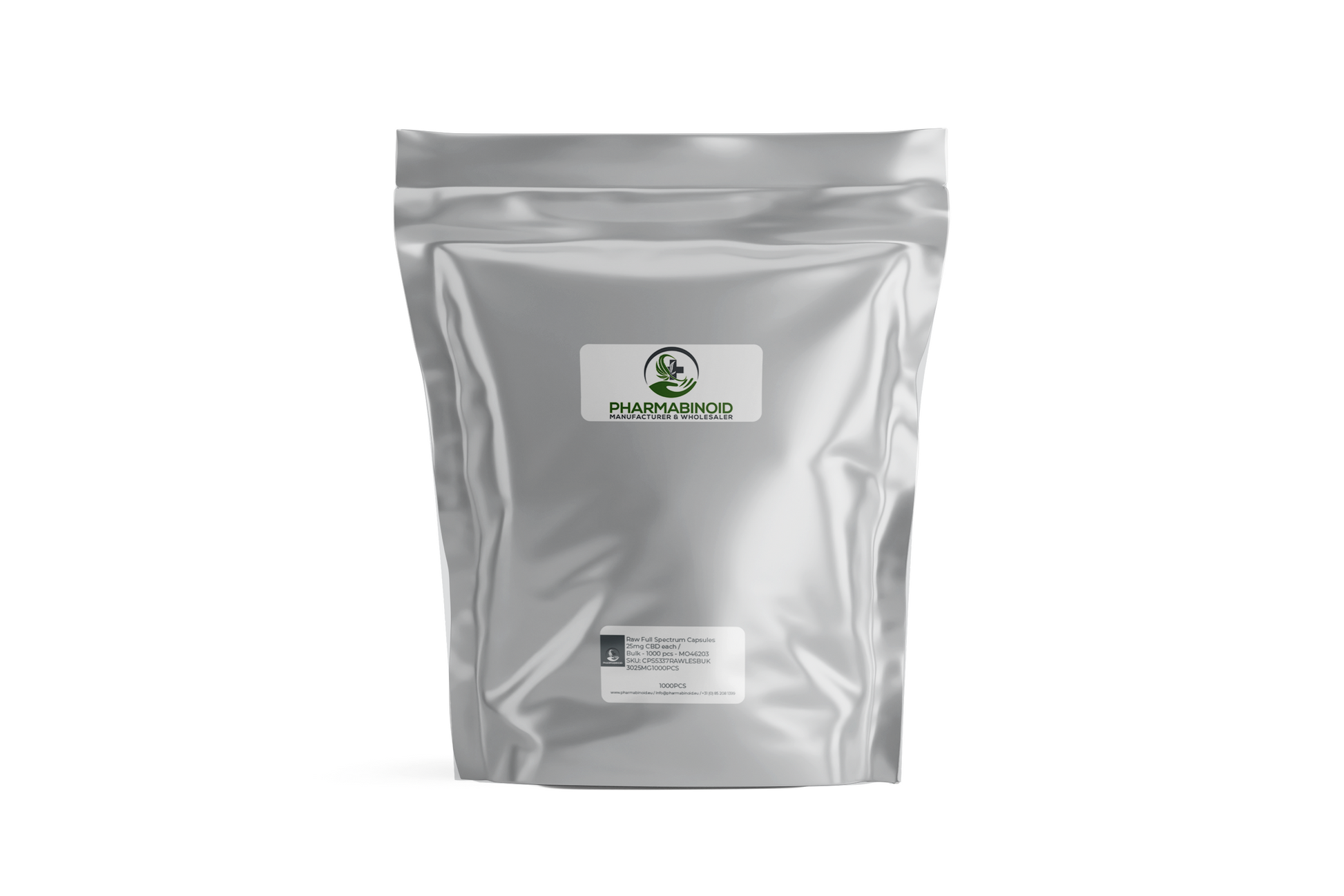 Pharmabinoid cápsulas raw full spectrum que muestran una botella con cápsulas en su interior, enfatizando un suplemento natural de extracto de cáñamo.