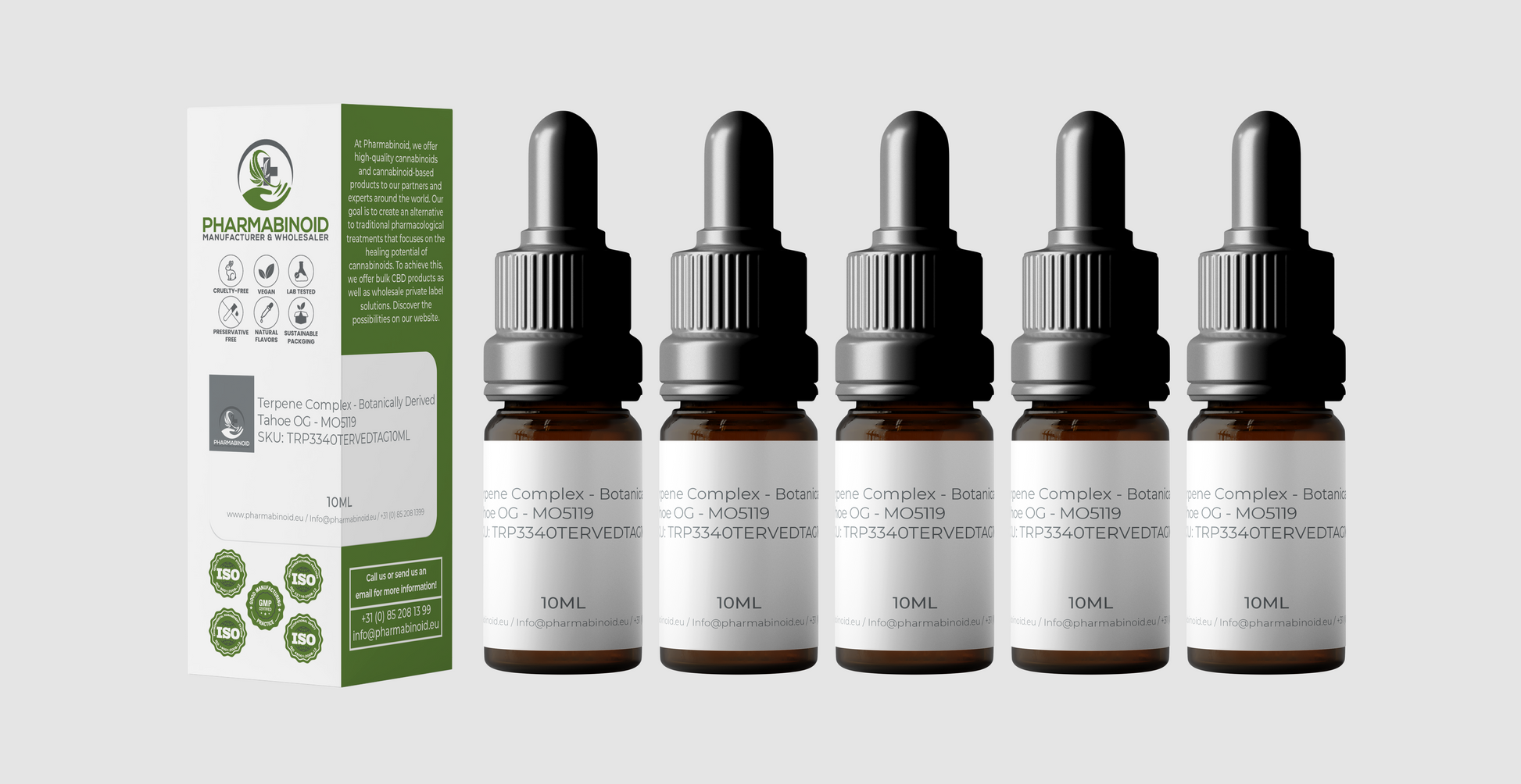 Bottle of Pharmabinoid Botanical Terpenes with a label featuring Tahoe OG strain, clear glass container with dropper.