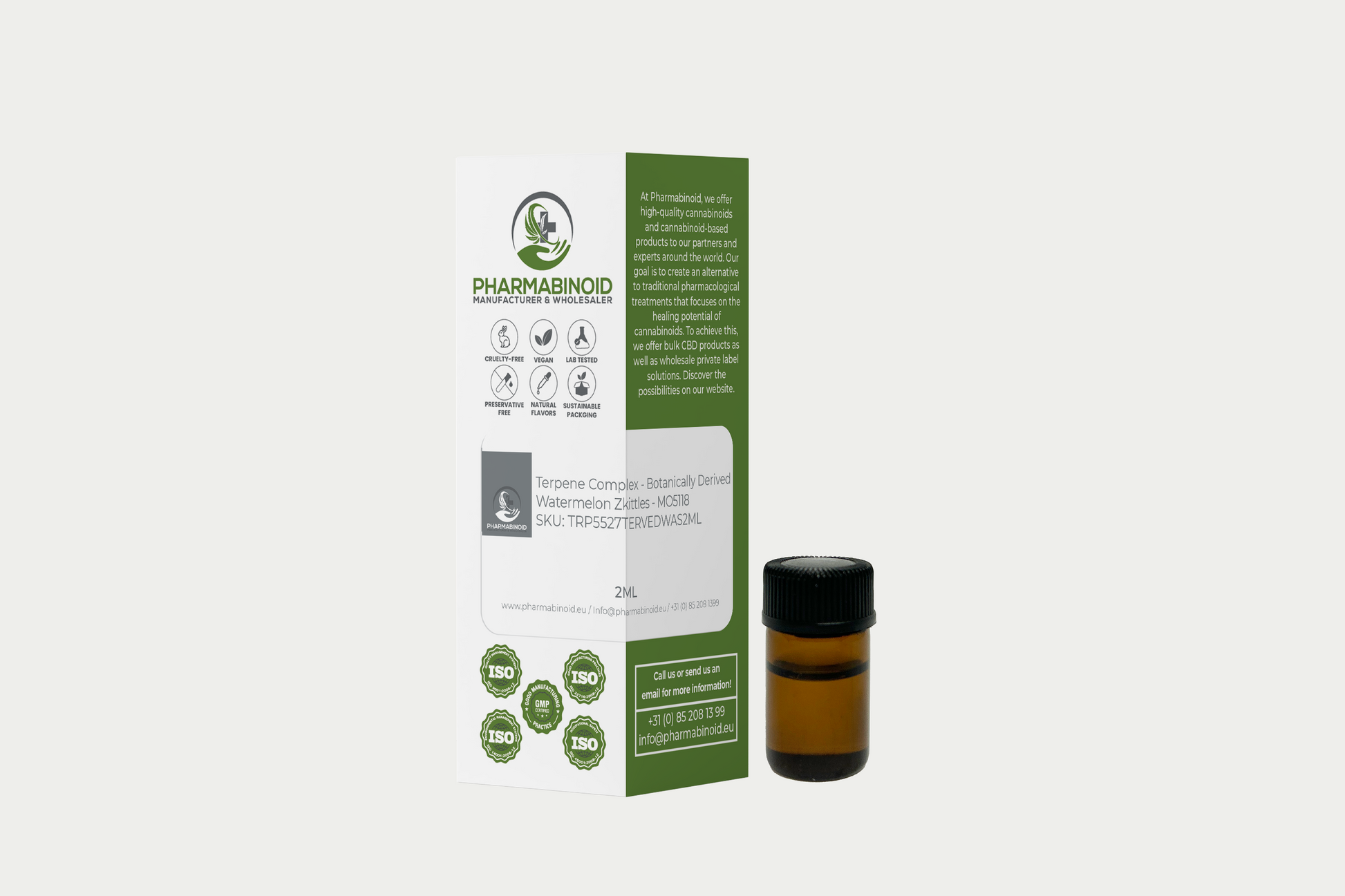 Pharmabinoid botaninių terpenų buteliukas su watermelon zkittles skonio etikete, vaizduojantis ryškias spalvas ir terpenų detales.