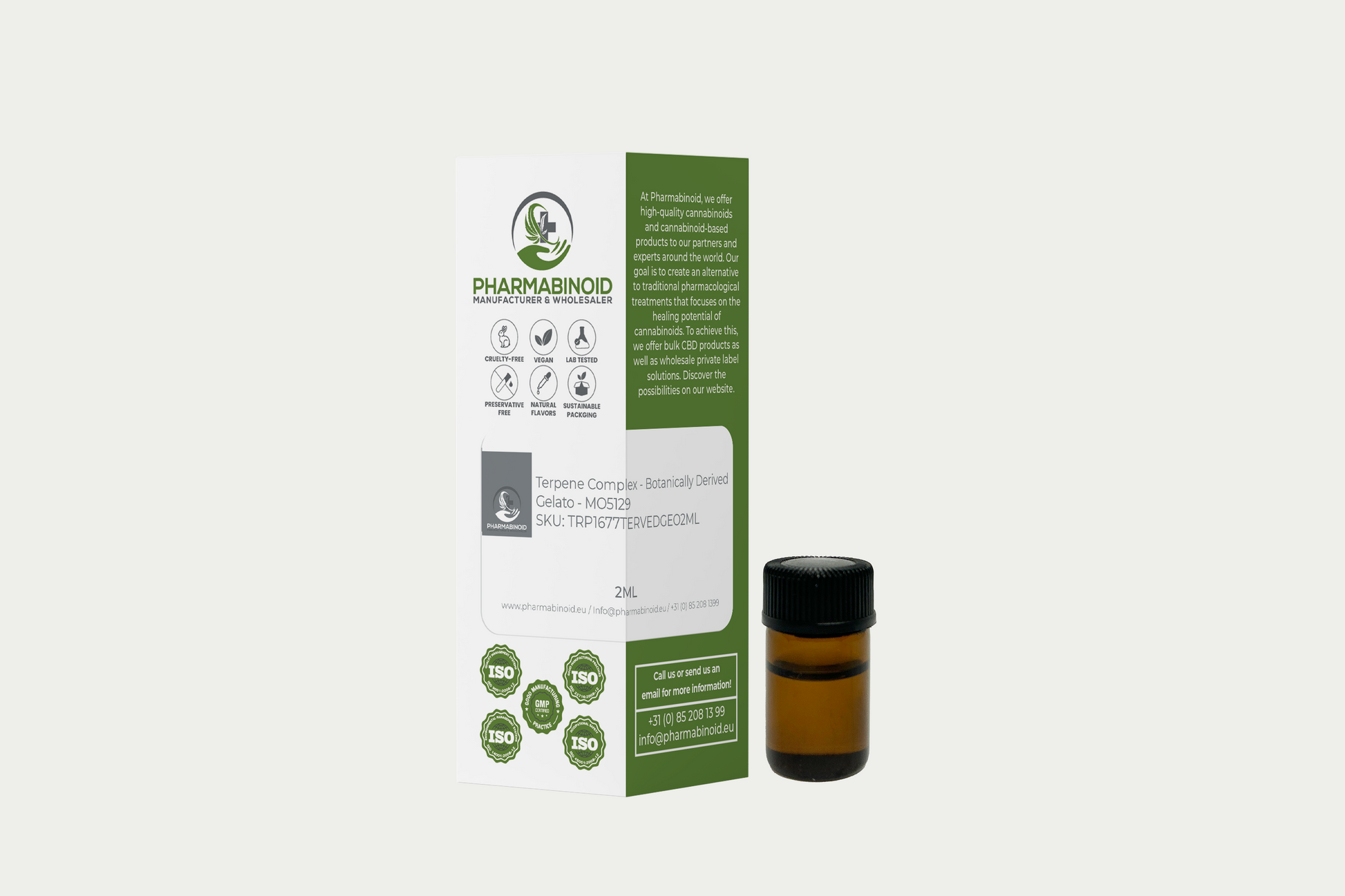 Terpenos botánicos variedad Gelato de Pharmabinoid, mostrando un recipiente transparente de extracto de terpenos aromáticos con etiquetado Gelato.