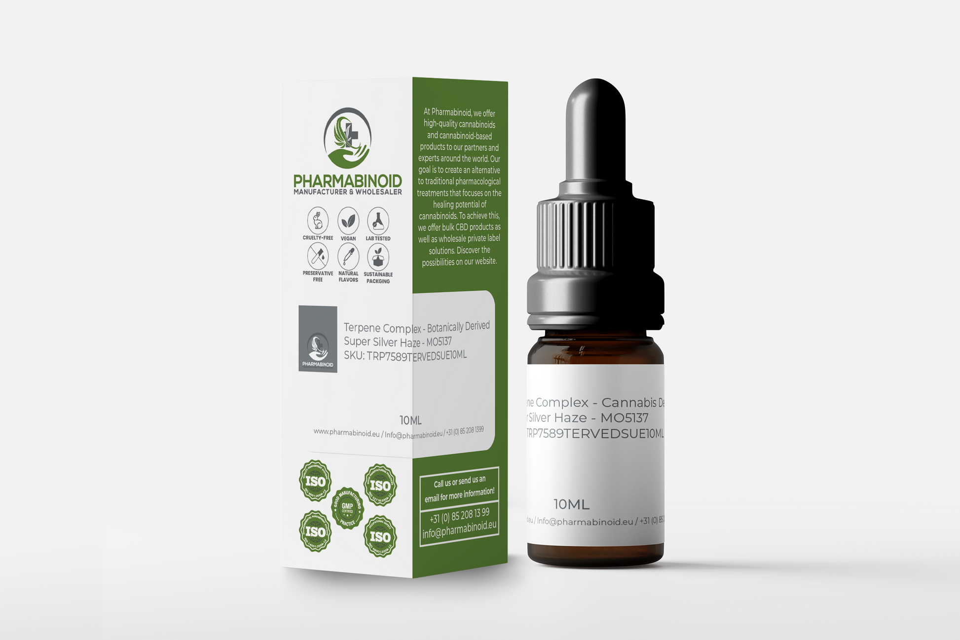 Pharmabinoidi kanepist saadud Super Silver Haze terpeenid, millel on läbipaistev anum kuldset värvi õli ja terpeenisiltidega.