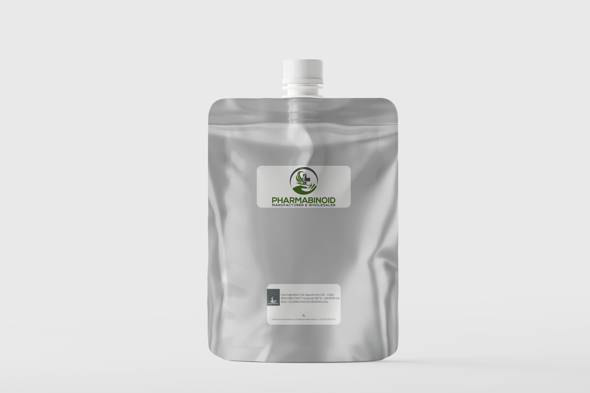 Full spectrum CBD oil by Pharmabinoid with a dropper bottle, showcasing clear oil in a sleek dark container.