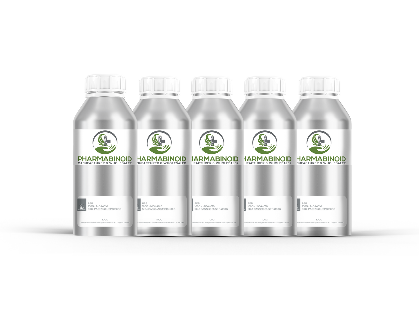 Pharmabinoid Prodotto PEB in una confezione di plastica trasparente, che mostra l'etichetta e il branding su uno sfondo bianco.