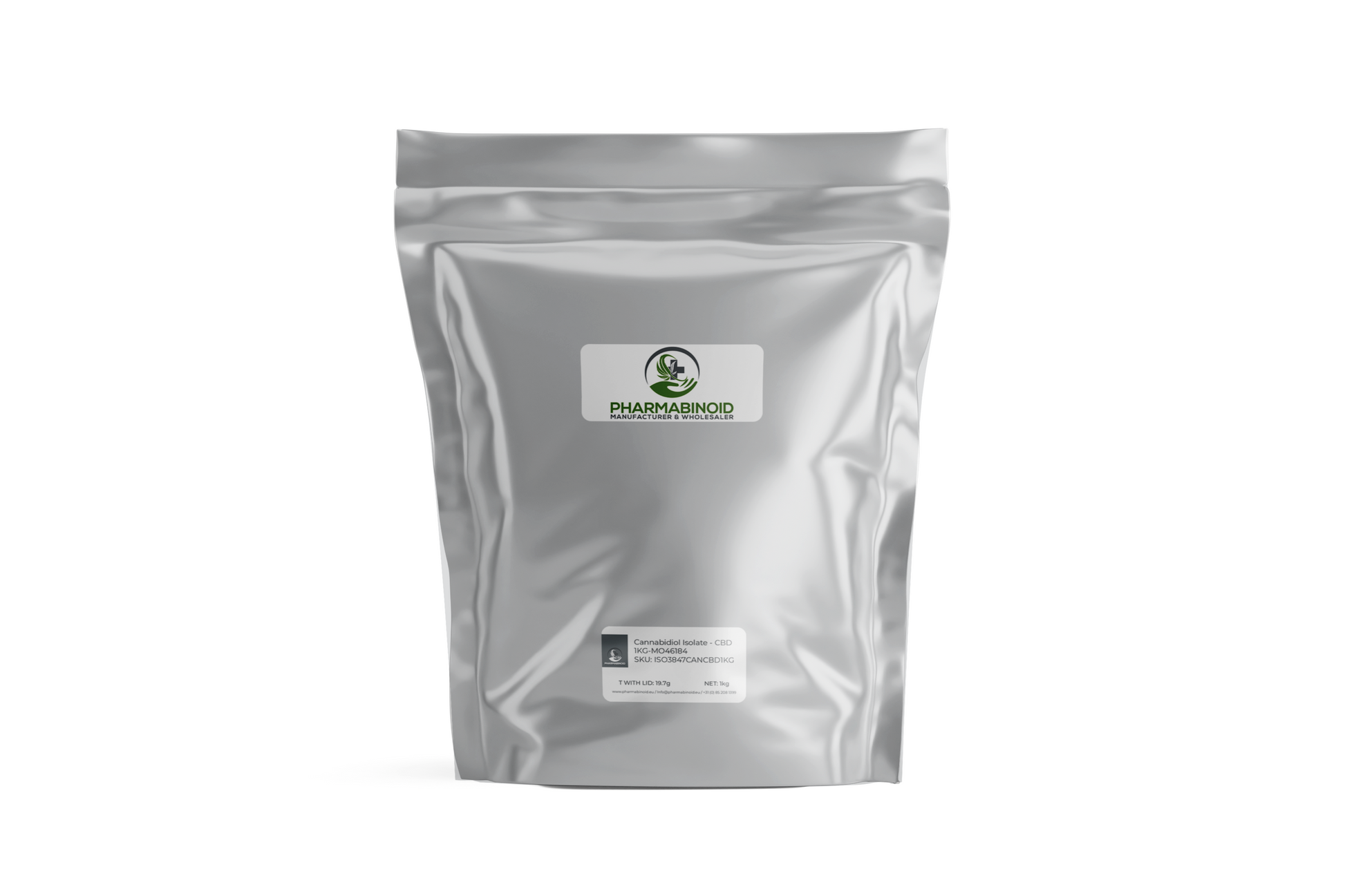 Pharmabinoid CBD izoliato milteliai skaidriame inde, pažymėti kaip kanabidiolio izoliatas grynam CBD papildo naudojimui.