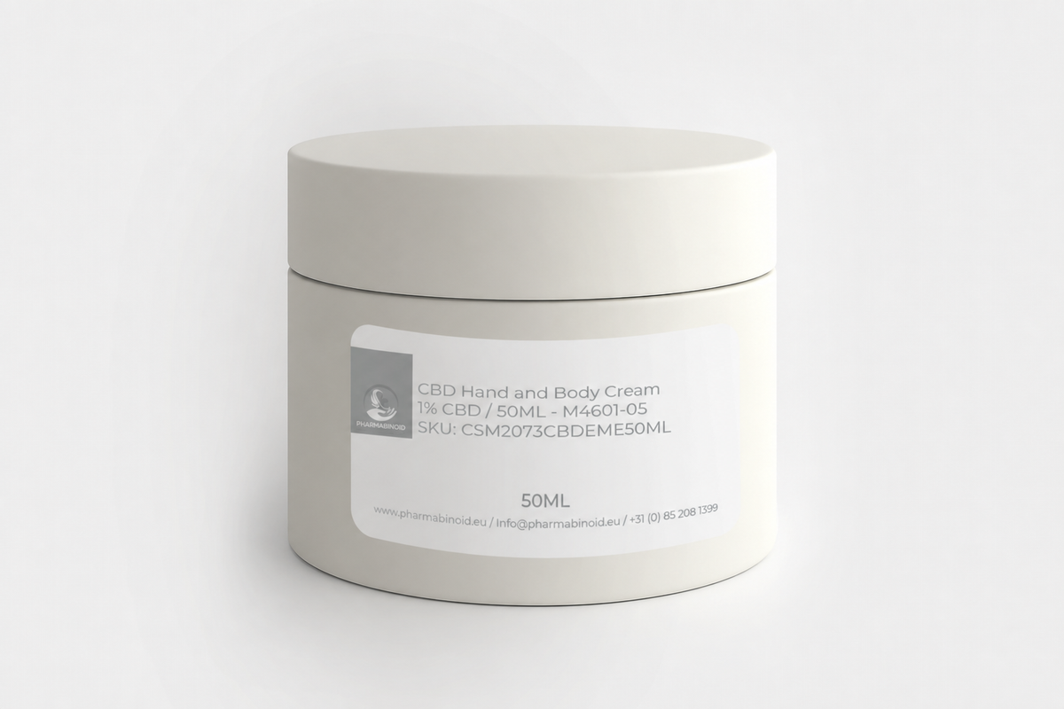 Pharmabinoid CBD Hand and Body Cream jar with corrected Cream label for nourishing hand and body care.