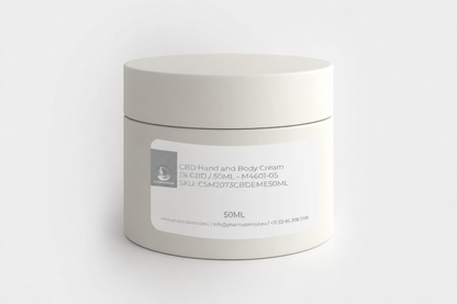 Pharmabinoid CBD Hand and Body Cream jar with corrected Cream label for nourishing hand and body care.